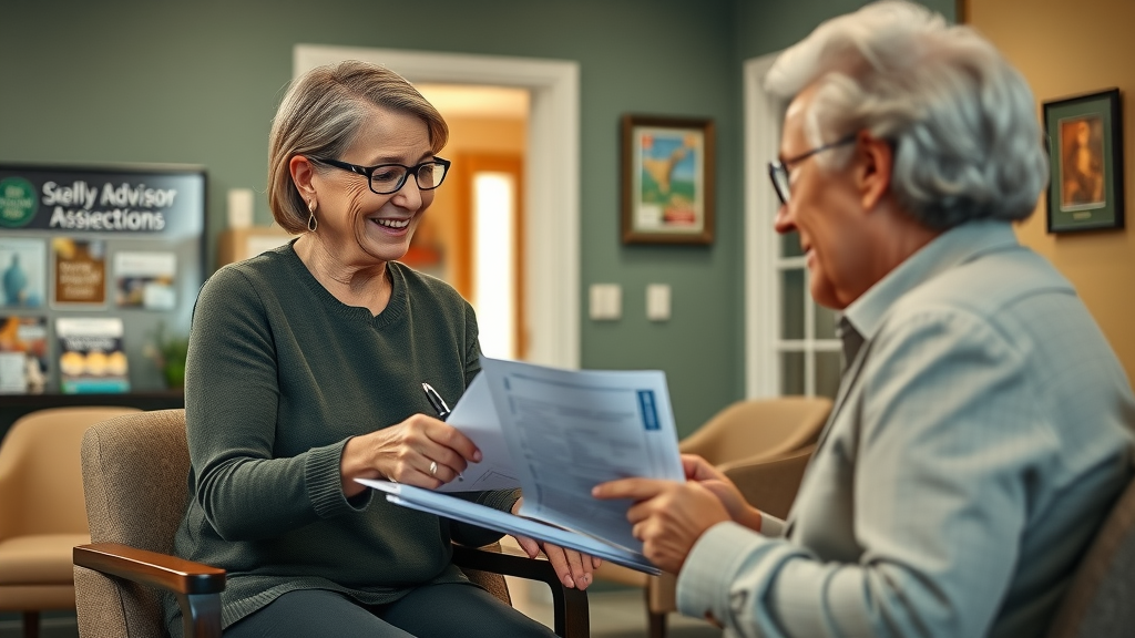 friendly senior advisor assisting Muskegon senior with benefit application forms in a local office