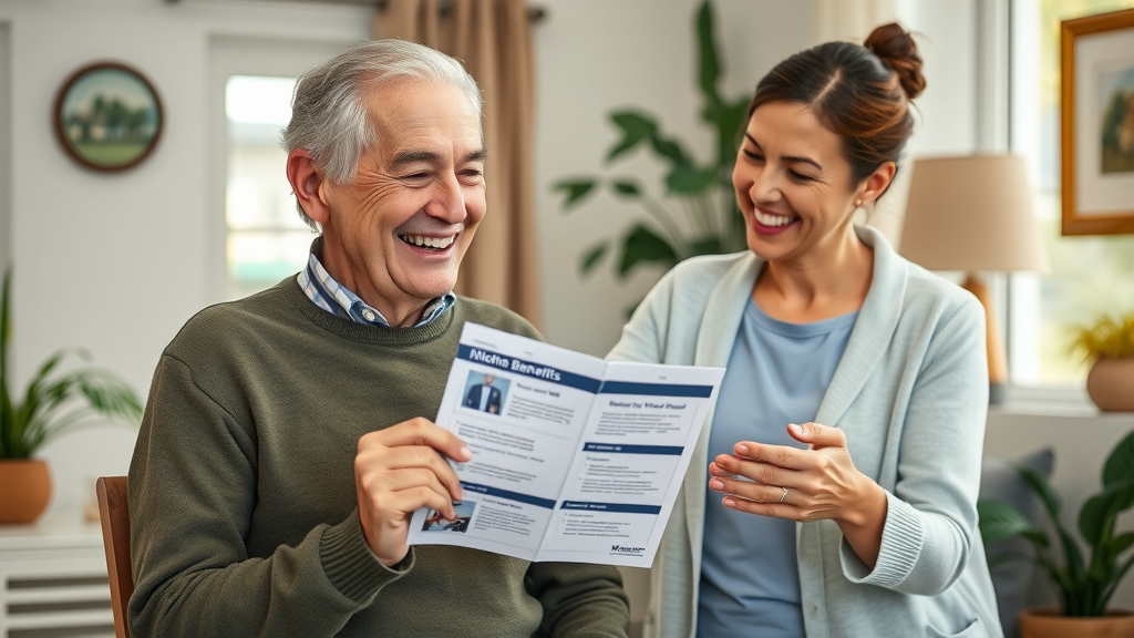 senior resources muskegon county - Older adult getting assistance from caregiver with Muskegon benefits brochure.