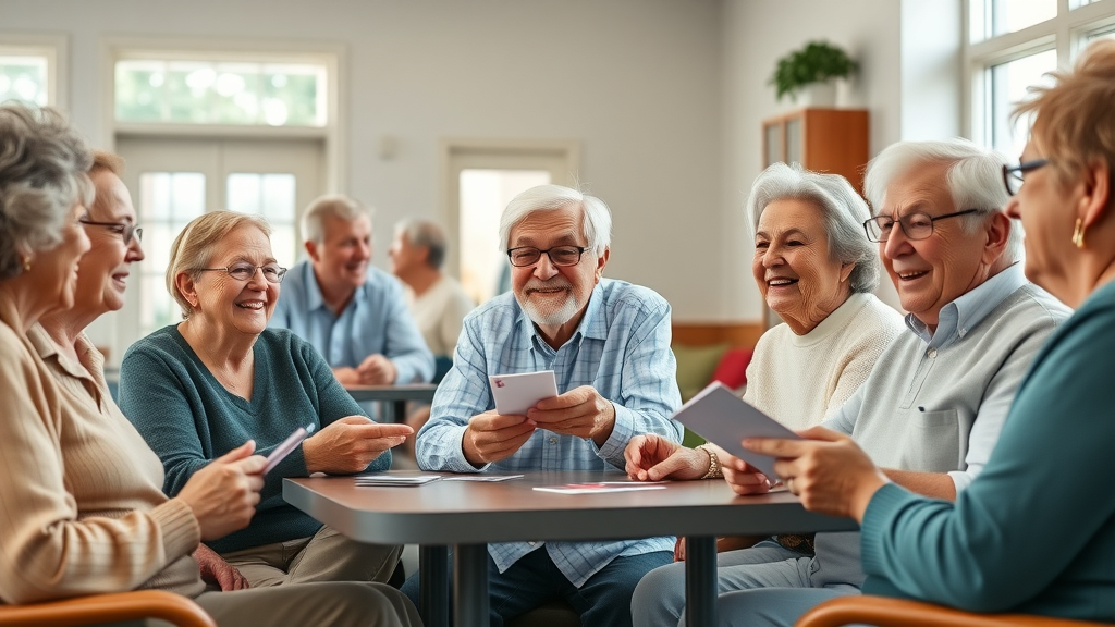 inviting group of active diverse seniors, smiling faces, engaging in light conversation at Muskegon, MI senior activity center