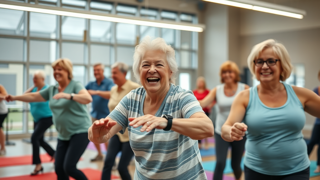 cheerful elderly people in Muskegon activity center participating in group fitness class, vibrant and energetic