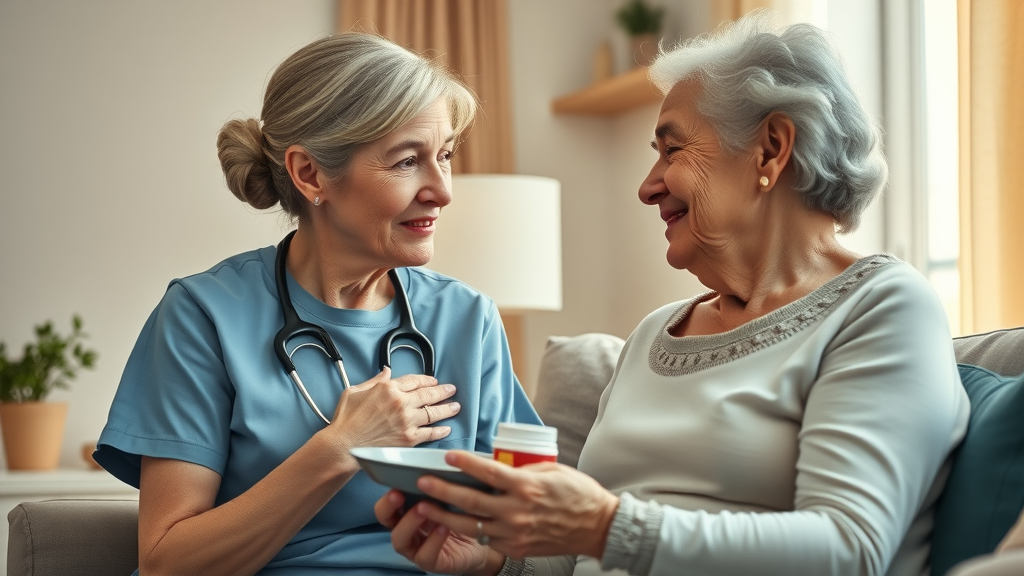 compassionate home aide assisting senior woman in Muskegon MI with personal care and meal delivery