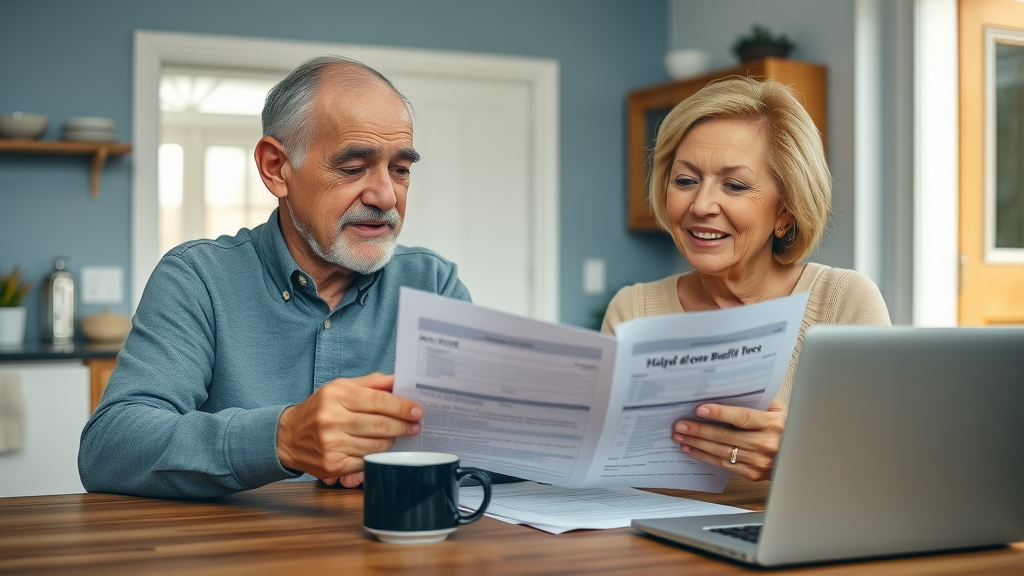 relaxed elderly couple in Muskegon reviewing senior benefit documents at their kitchen table