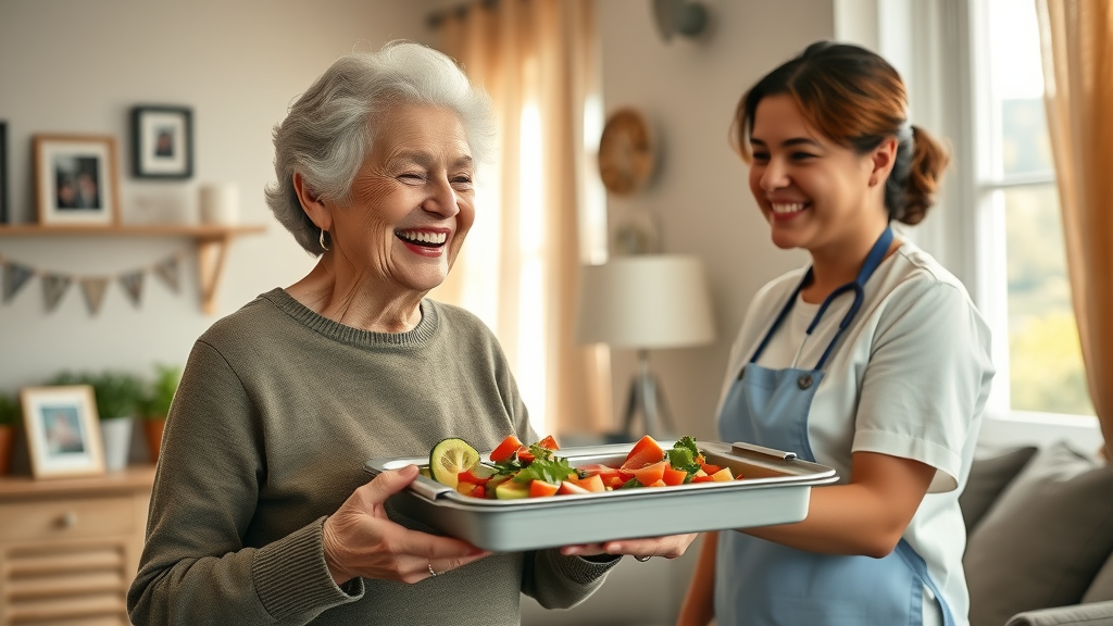 food program for seniors in michigan - Older woman receiving a healthy meal from a delivery volunteer in Muskegon.